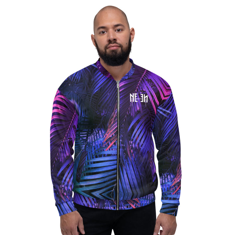 Purple Leaf Print Bomber Jacket